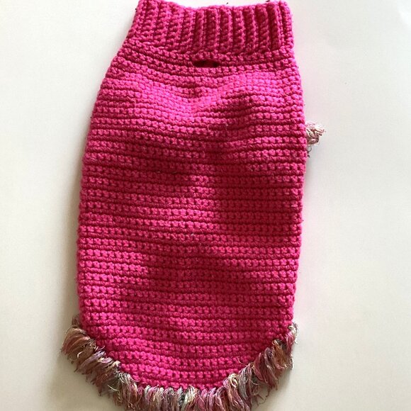 Handmade Pink Knit Dog Sweater Jacket With Fringe Warm Winter - Picture 2 of 4